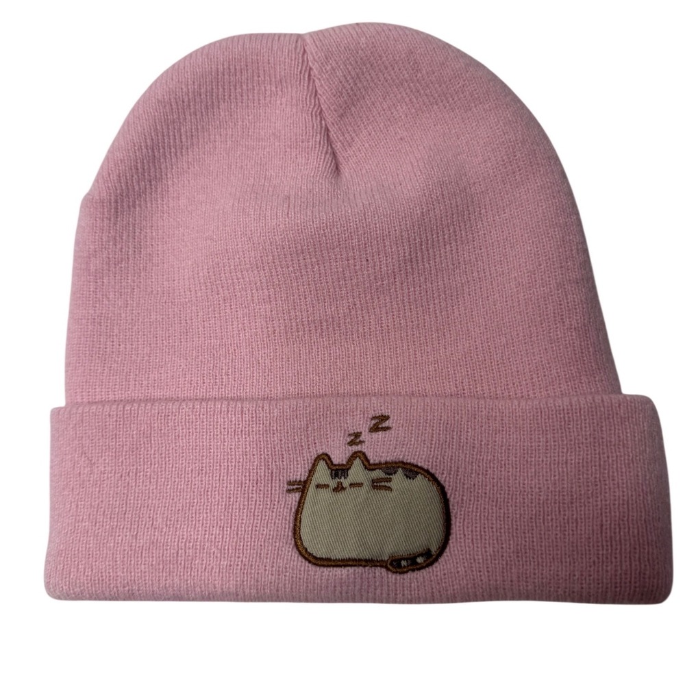 Pusheen The Cat Pink Beanie Hat CultureFly Sleeping Embroidered Knit Cuffed Cap